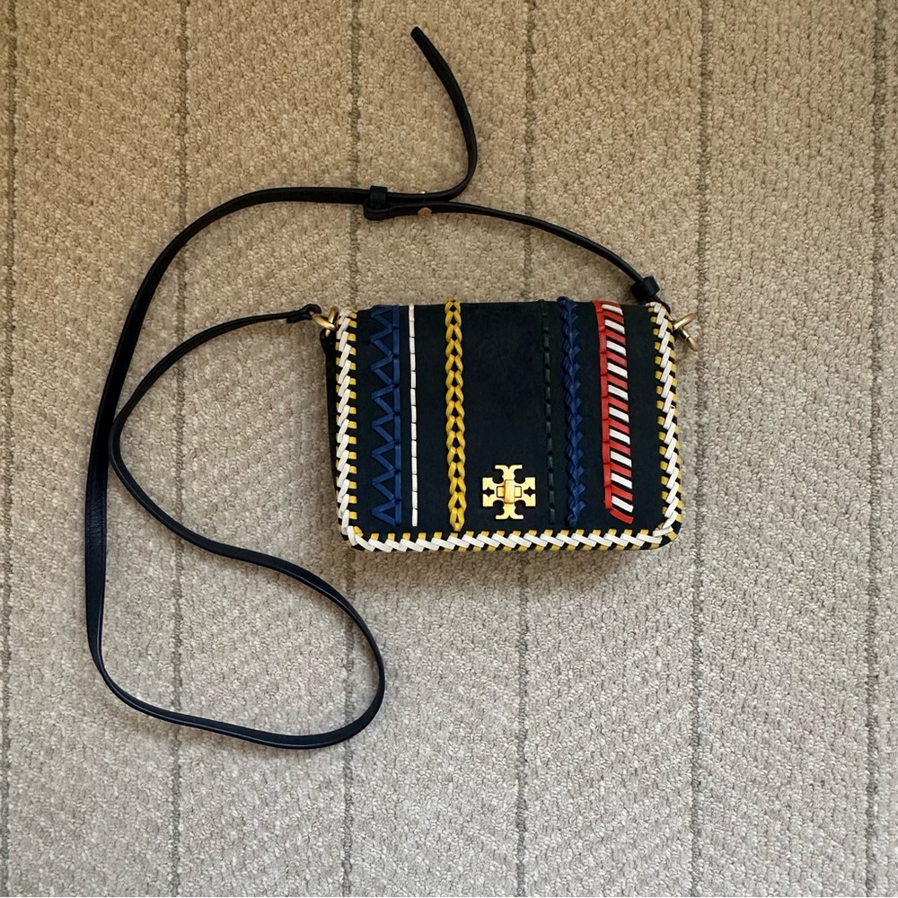 Tory Burch Suede Navy Multicolor Trim Crossbody Bag